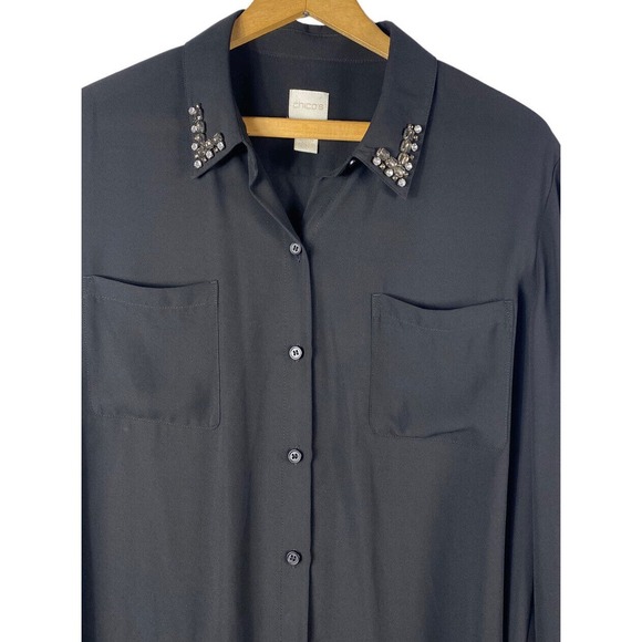 Chicos 2 Large Black Chiffon Blouse Top Beaded Embellished Collar Button Down - Picture 2 of 5